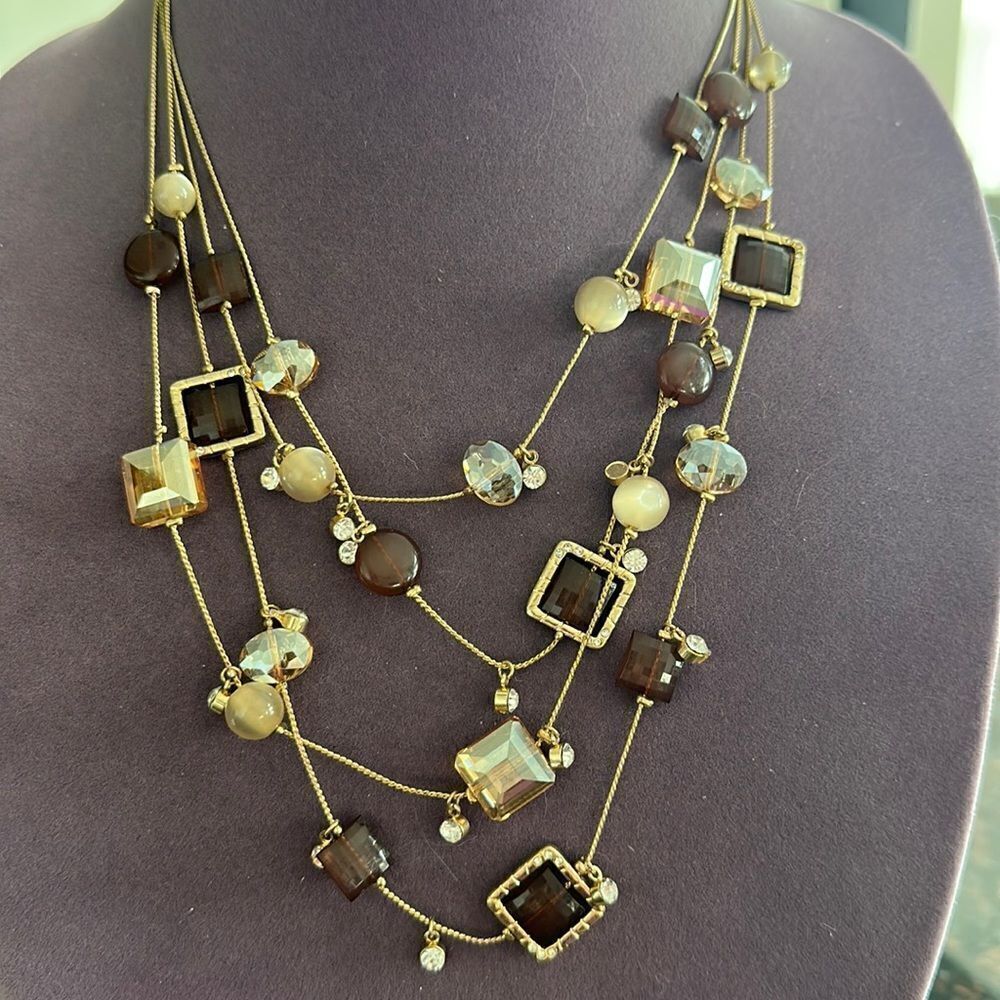Charming Charlie Gold Tone Multi-Strand Crystal & Brown Beaded Necklace